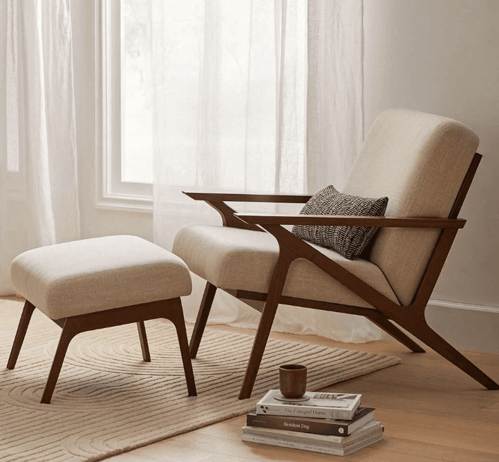 Wood-Frame Lounge Chair With Ottoman