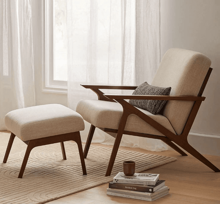 Wood-Frame Lounge Chair With Ottoman